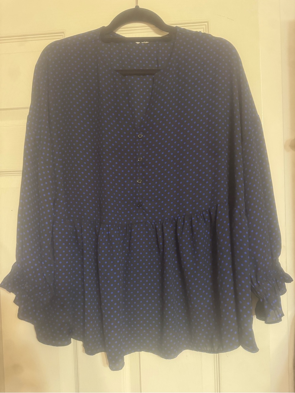 Women’s Navy Blue Polka Dot Peplum Blouse